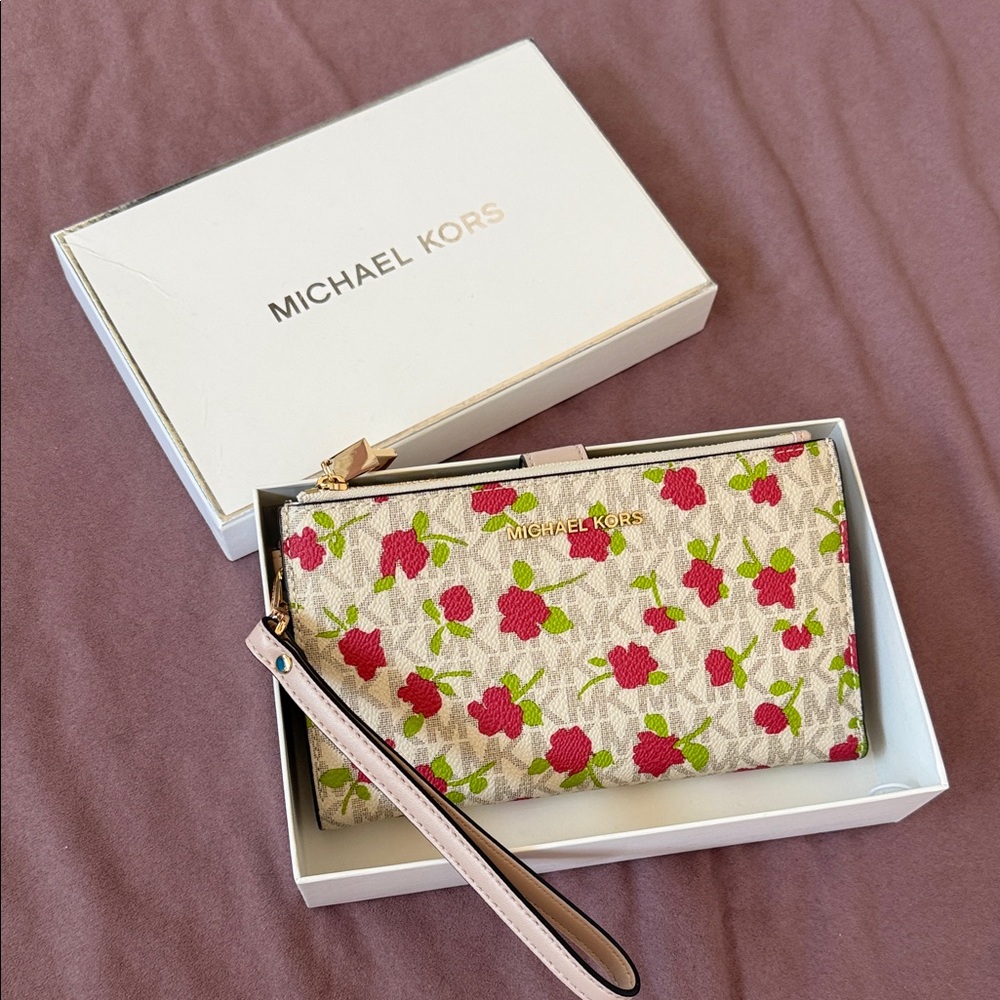 Michael Kors Red and Cream Floral Wristlet